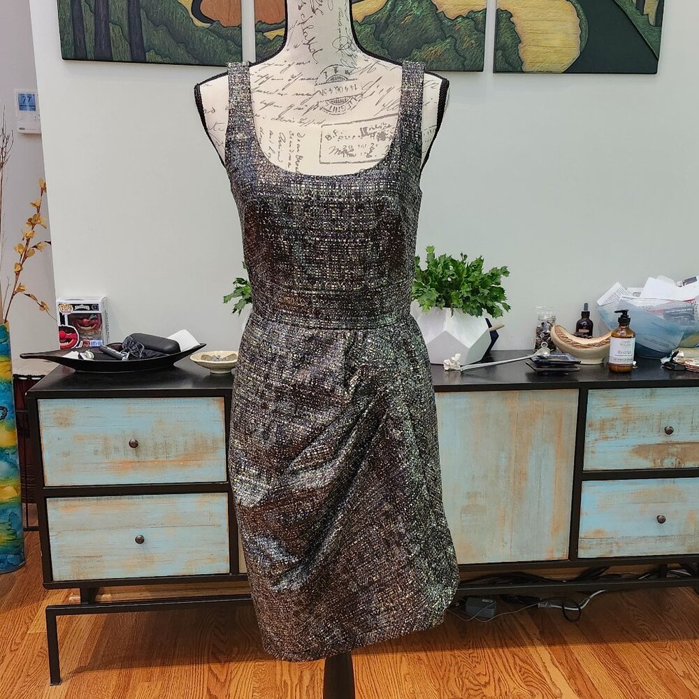 FENDI Woven Shimmer Gathered/Ruched Sheath Dress - Green, Black & White